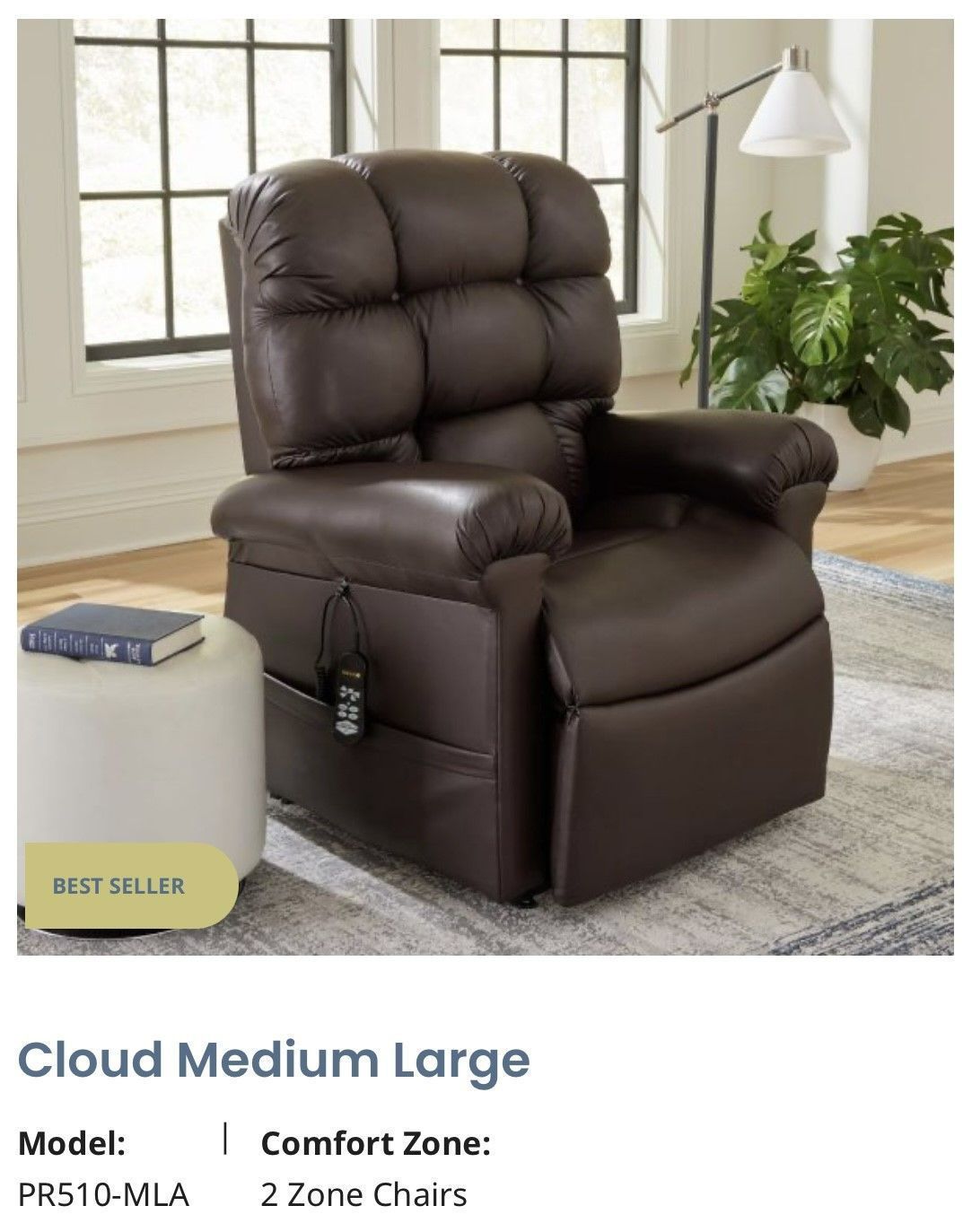 Brown tufted recliner chair in a bright living room beside a side table and plant