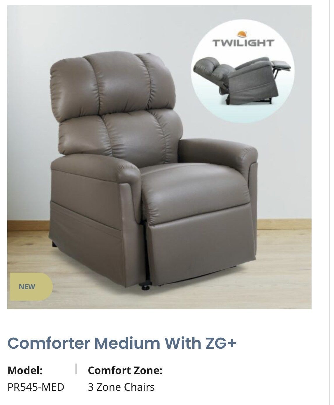 Brown power recliner chair with headrest and armrests, shown in a product listing.