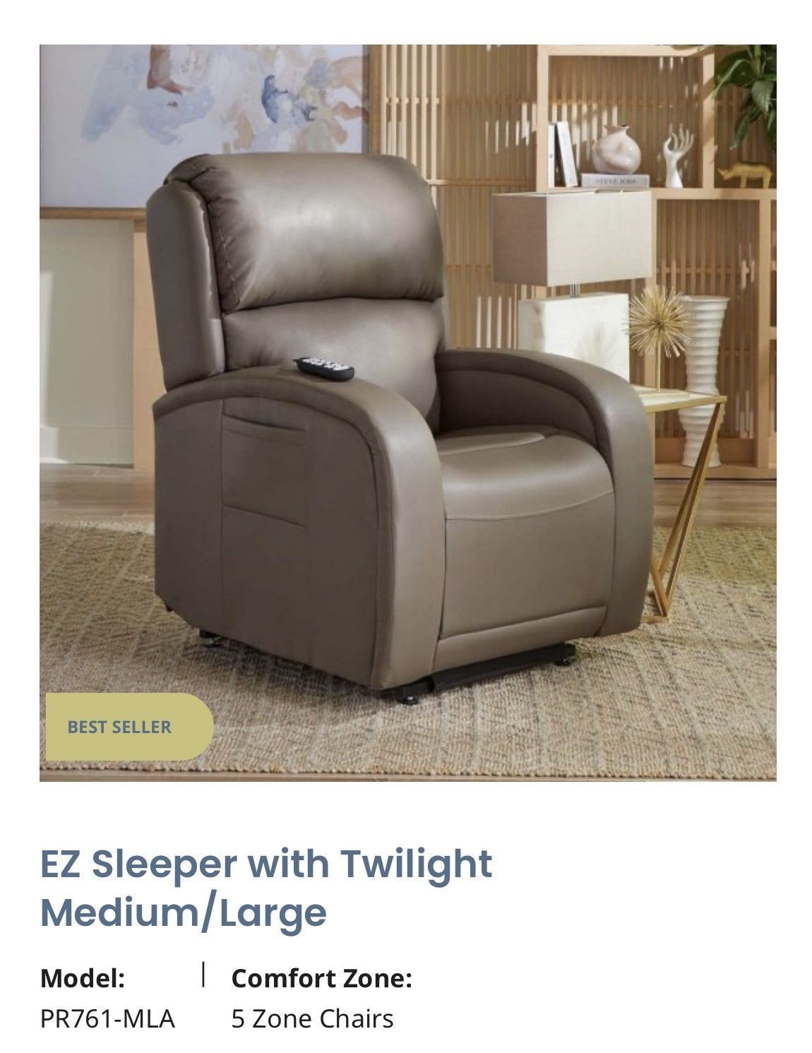 Brown leather recliner chair in a living room setting, with a side lever and matching decor.