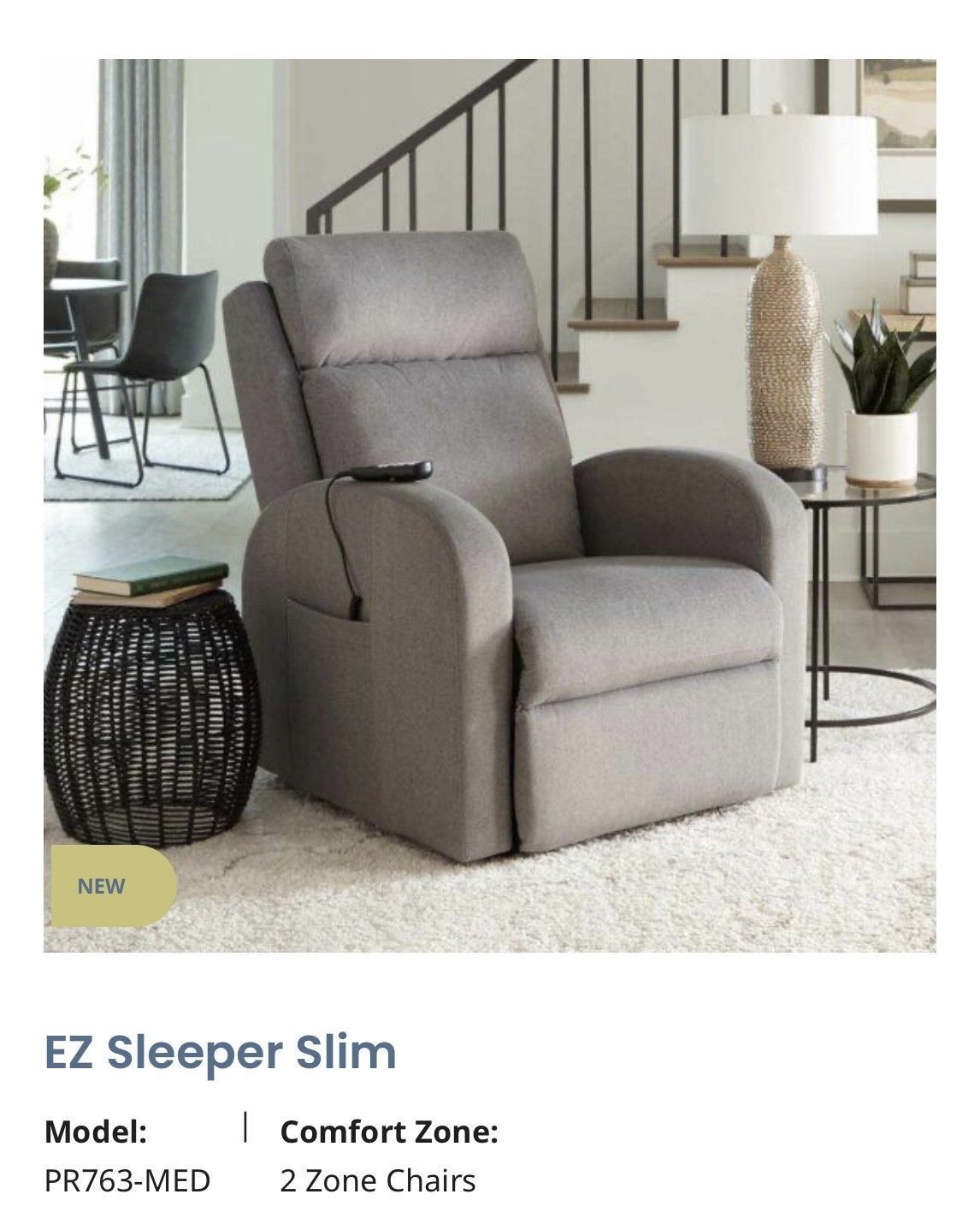 Gray EZ Sleeper Slim recliner in a modern living room beside a lamp and side table