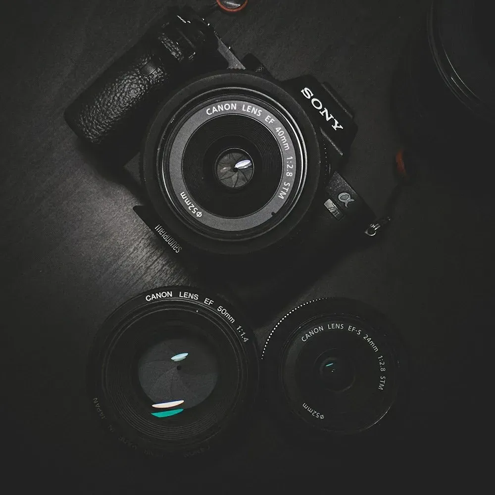 Sony camera with two lenses on a dark background