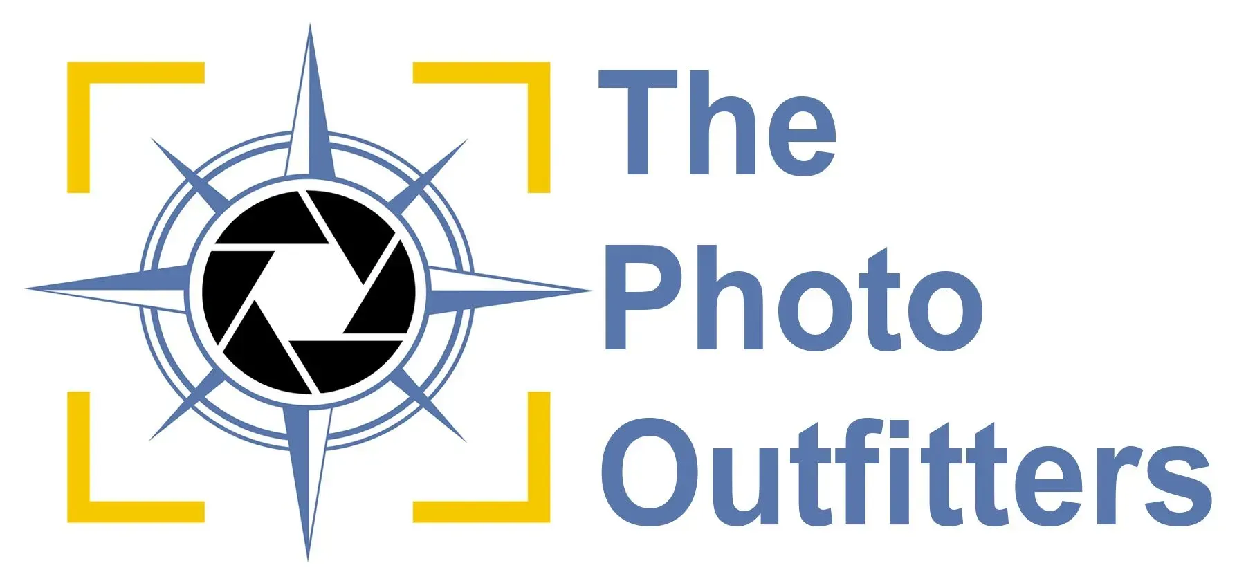 Logo for The Photo Outfitters with a camera lens graphic and blue text on white background