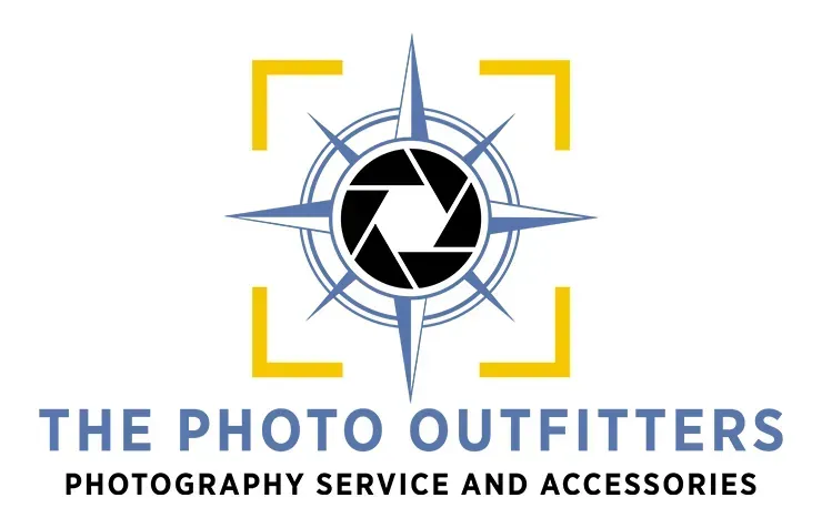 The Photo Outfitters logo with camera aperture and compass design in blue, gray, and yellow