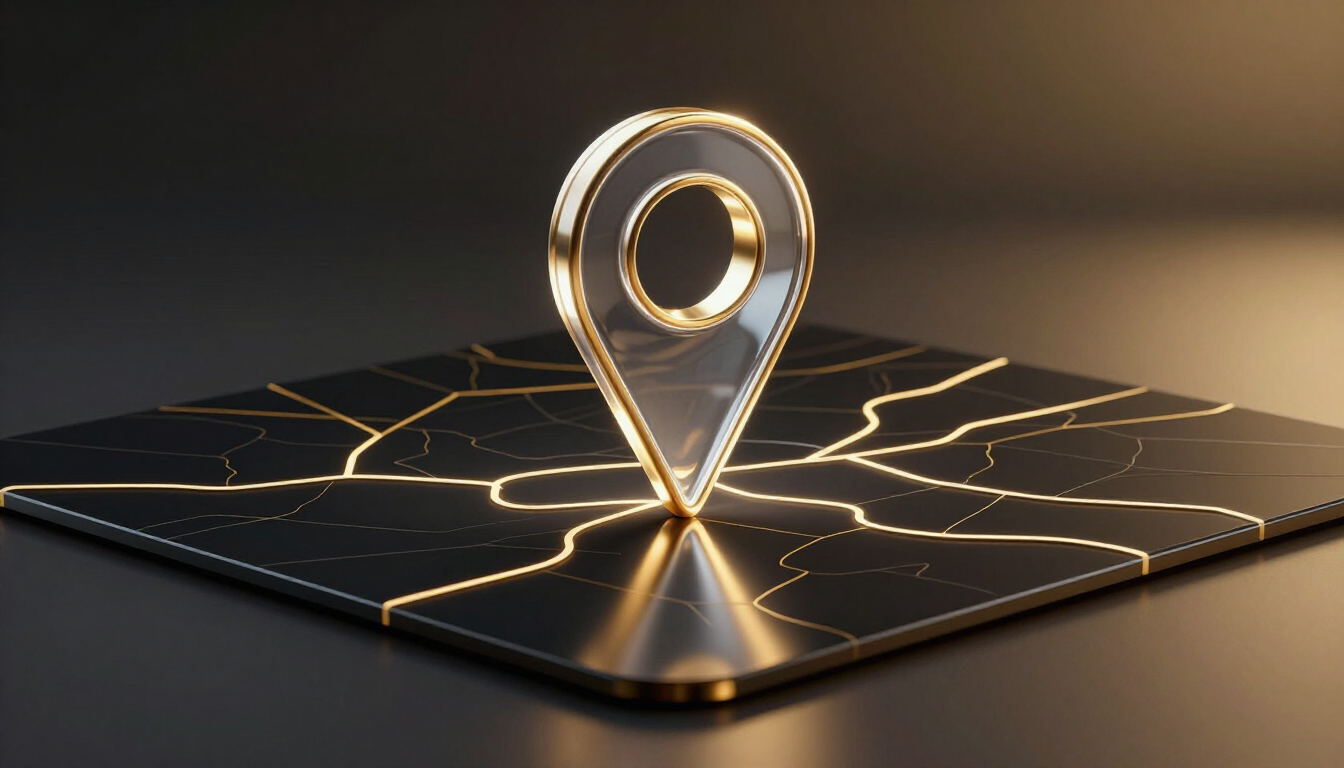 Gold location pin on a black cracked surface with glowing lines