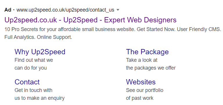 Up2Speed.co.uk webpage with navigation links and sections for designers, packages, and websites