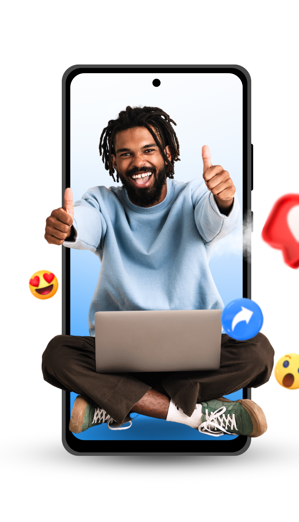 Smiling person on a smartphone screen giving thumbs up while using a laptop, with floating social media icons.