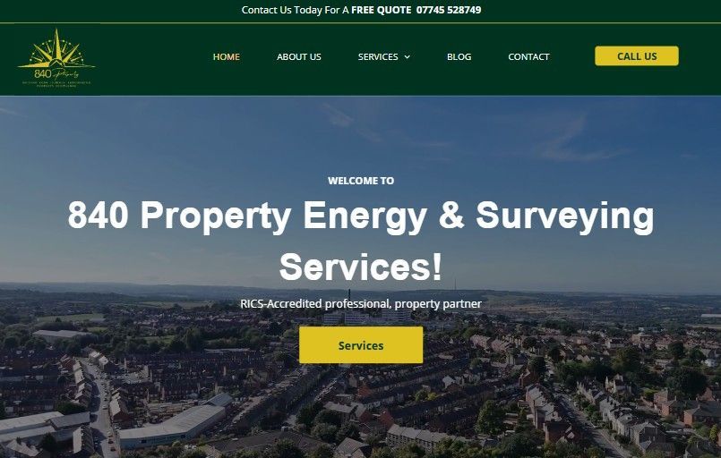 Homepage banner for 840 Property Energy & Surveying Services over aerial cityscape with yellow “Services” button