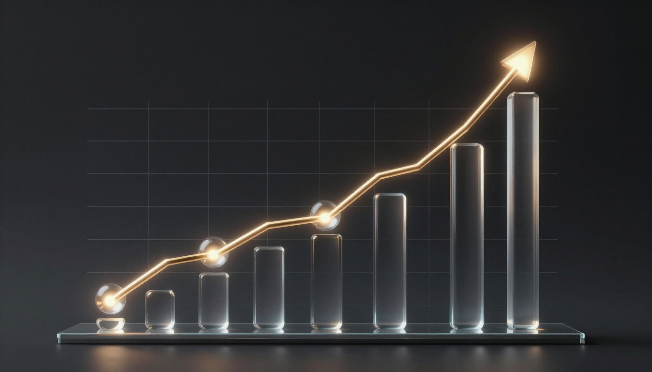 Glowing upward-trending line and bar chart on a dark background, ending in an arrow.