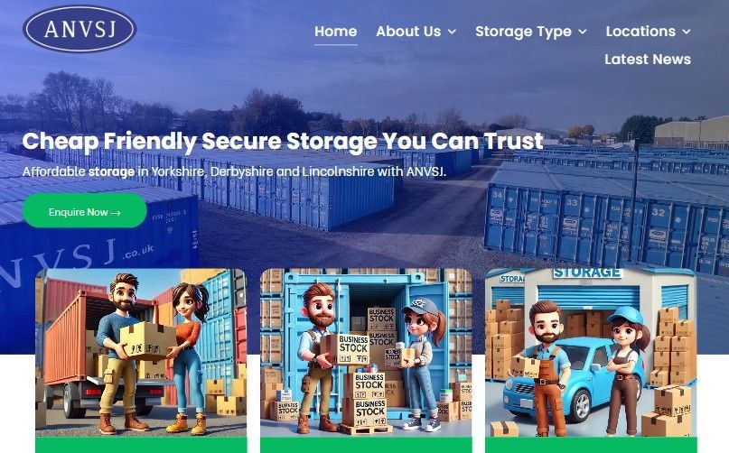 Storage company homepage with blue warehouse background, shipping containers, and a green call-to-action button