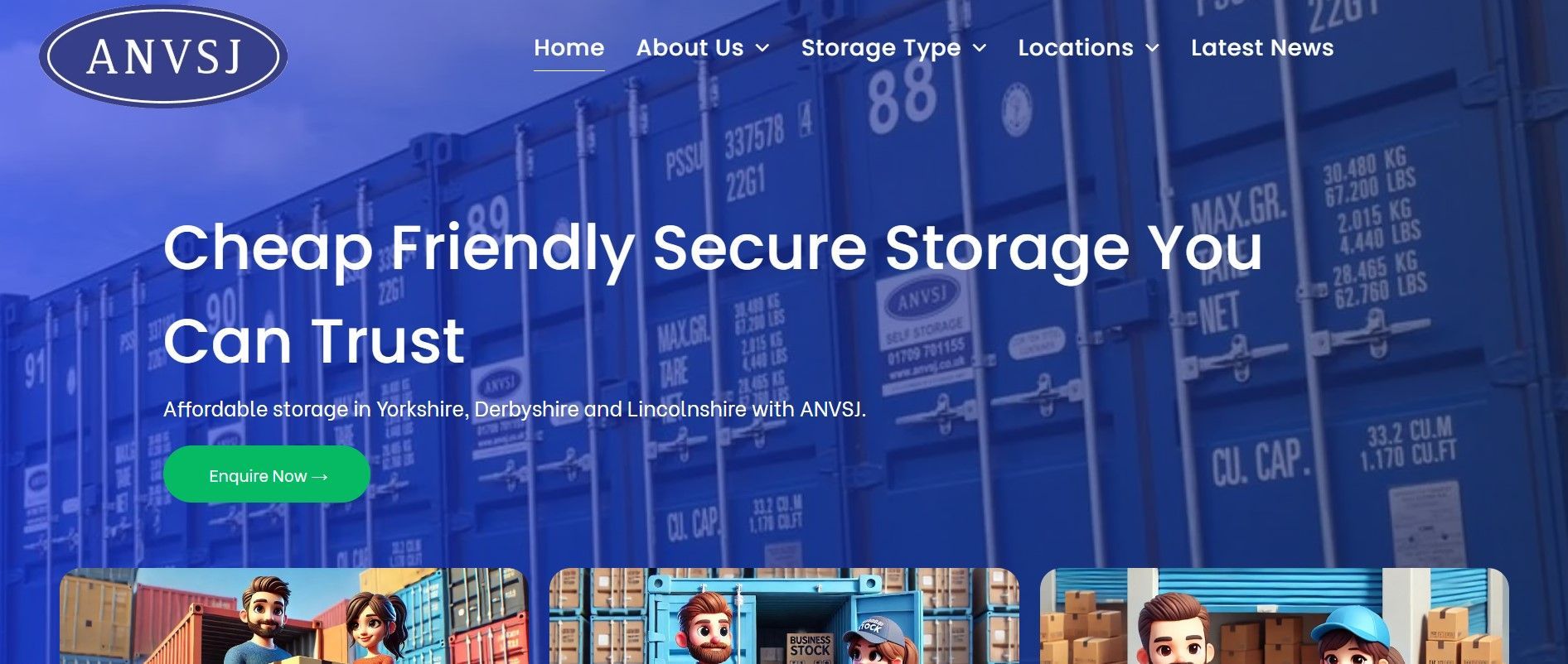Blue storage container website banner with headline “Cheap Friendly Secure Storage You Can Trust” and a green quote button