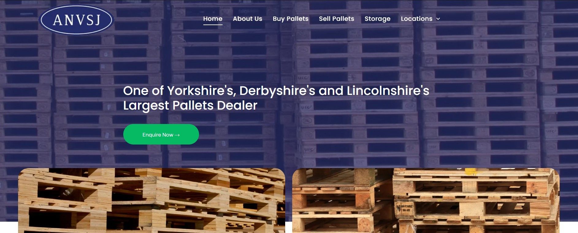 Stacked wooden pallets in front of a blue warehouse wall with text and logo overlay.