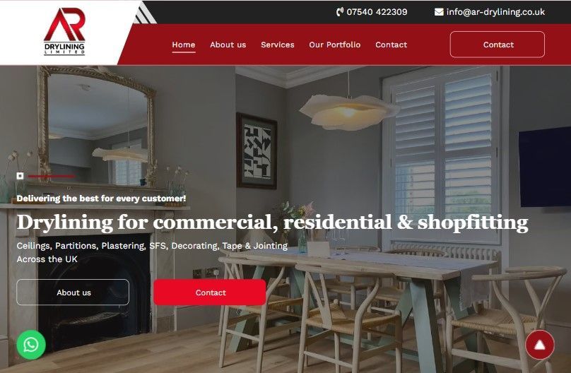 Website homepage for Ar Drihning, offering commercial, residential, and shopfitting services over a living room photo