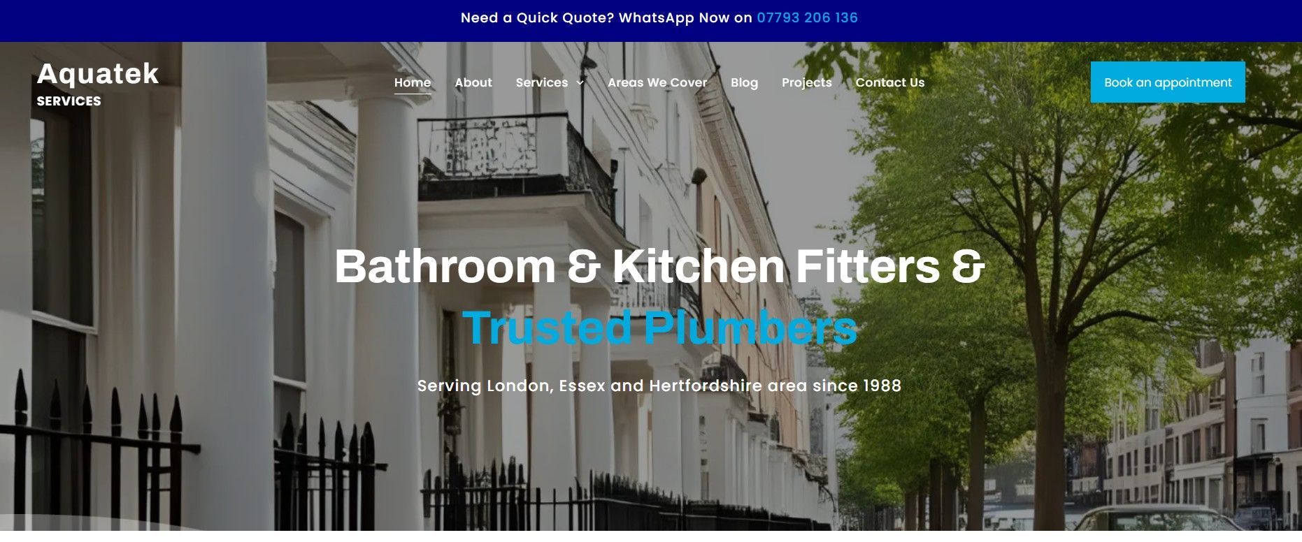 Website homepage for Aquatek bathroom and kitchen filters, showing a city street background and a blue call-to-action button