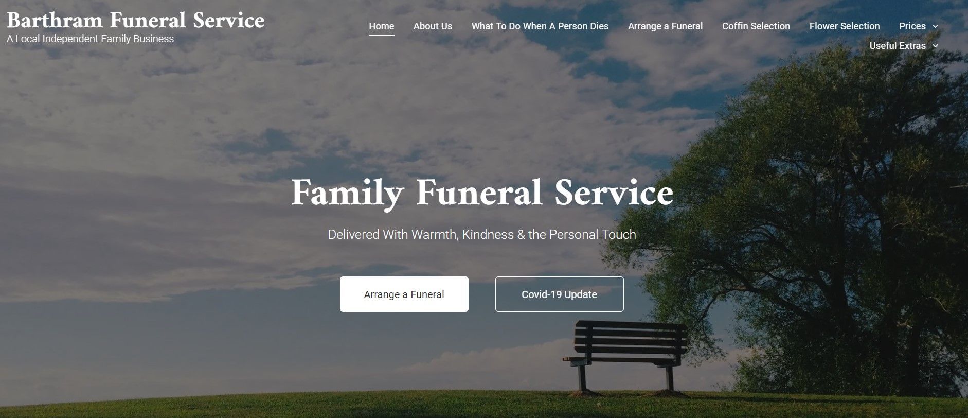 Homepage hero for funeral service with silhouetted bench at sunset and “Family Funeral Service” text