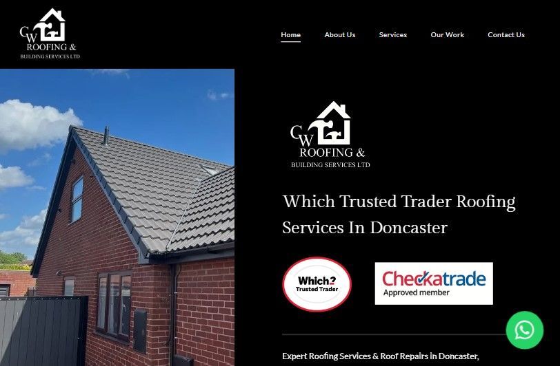 Website homepage for WJ Roofing & Property Maintenance with roof photo and TrustATrader, Checkatrade badges