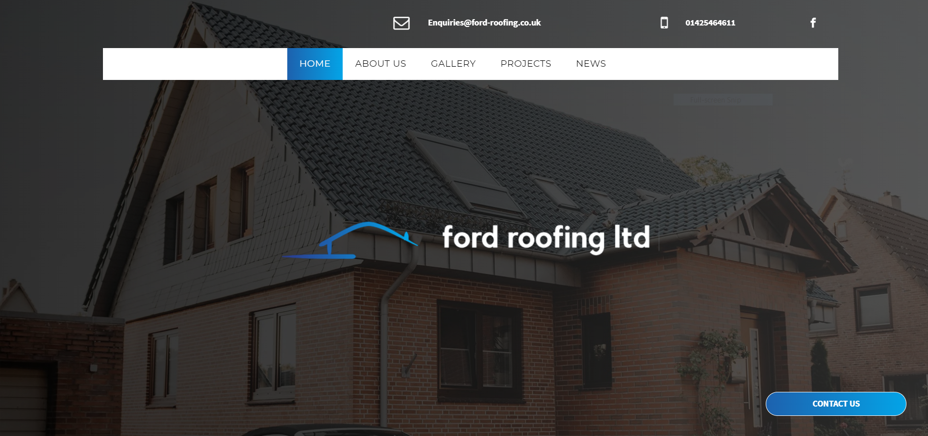 Website homepage for Ford Roofing Ltd with a house roof background and blue logo