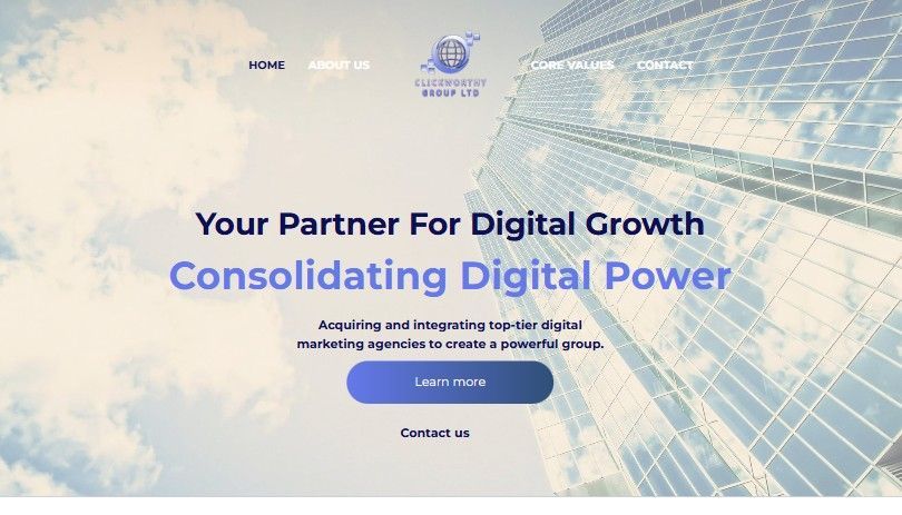 Website hero banner with blue skyscraper, featuring “Your Partner for Digital Growth” and a “Learn More” button