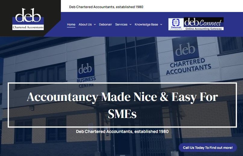 Deb Chartered Accountants website hero banner with “Accountancy Made Nice & Easy For SMEs” text