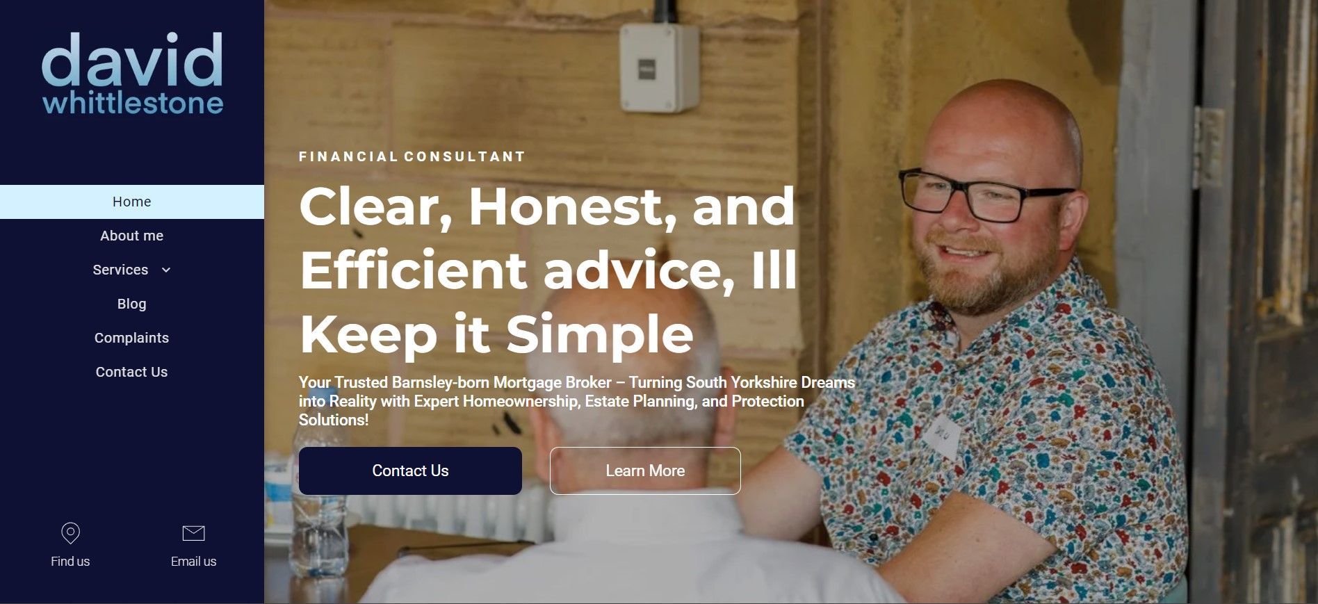 Website hero banner with smiling man in floral shirt beside “Clear, Honest, and Efficient advice” text