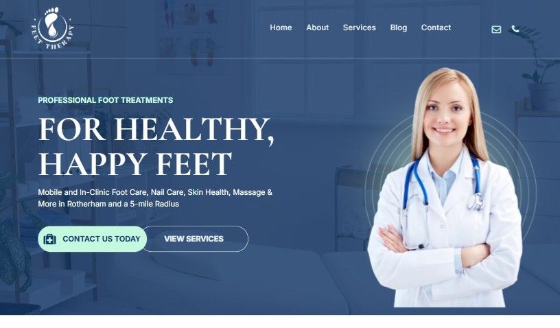 Podiatry clinic homepage with banner reading “For Healthy, Happy Feet” and a doctor beside a contact button
