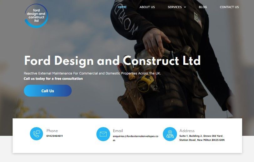 Ford Design and Construct Ltd website homepage with worker hero image and blue contact cards