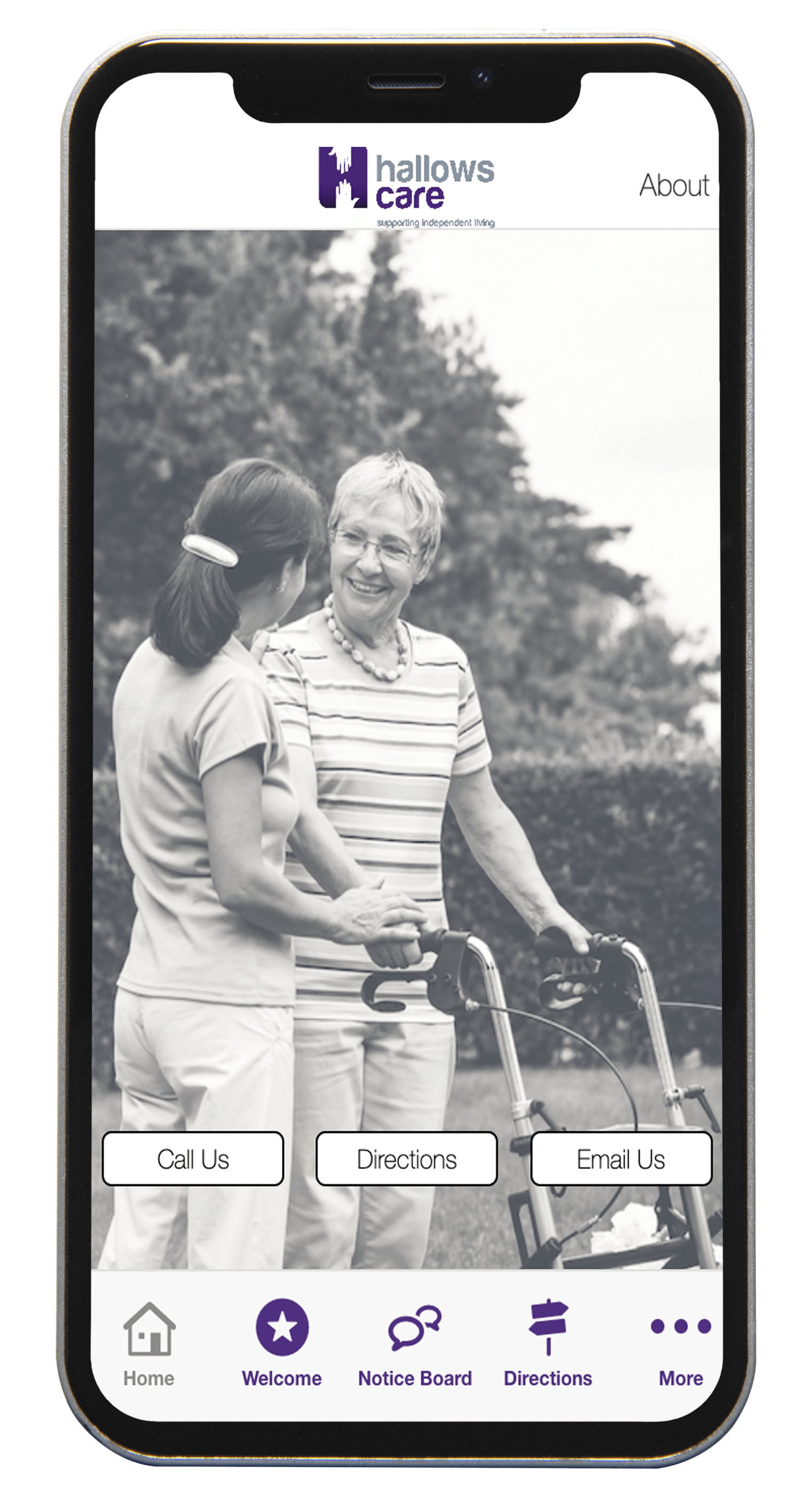 Two people standing outdoors on a phone screen, with app navigation icons along the bottom.