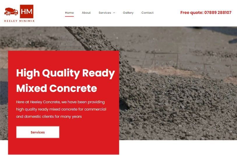 HM Concrete website homepage with red banner reading “High Quality Ready Mixed Concrete” over a concrete background