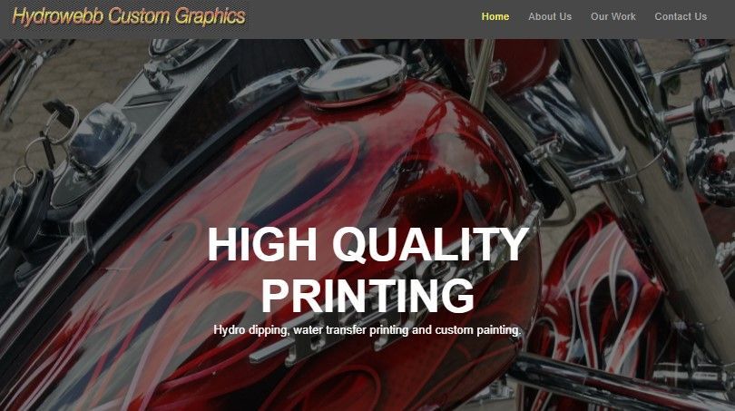 Motorcycle-themed website homepage with bold “HIGH QUALITY PRINTING” text over a red bike close-up