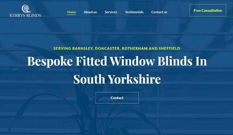 Website homepage for bespoke fitted window blinds in South Yorkshire, with blue hero banner and “Contact” button