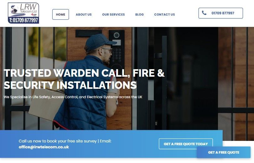 Website homepage for LPW Telecommunications promoting warden call, fire and security installations with quote buttons