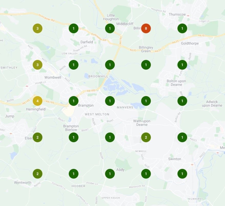 Map with colored numbered markers clustered across a city area, including green, yellow, and orange pins.