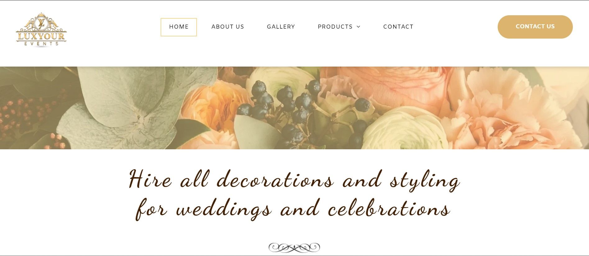 Wedding decor website homepage with floral banner and calligraphic text about décor and styling for weddings and celebrations
