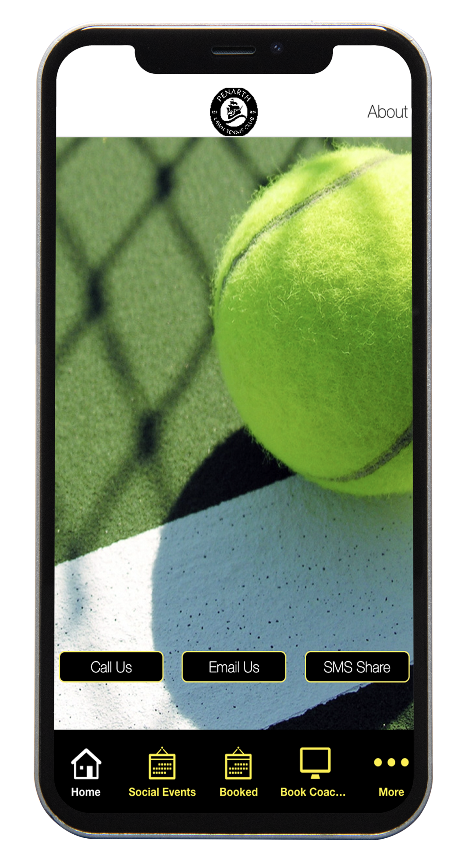 Smartphone displaying a tennis-themed app with a close-up tennis ball on a court background.