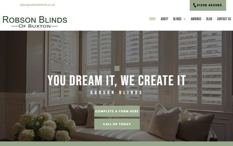Robson Blinds website homepage with living room hero image and “You dream it, we create it” banner
