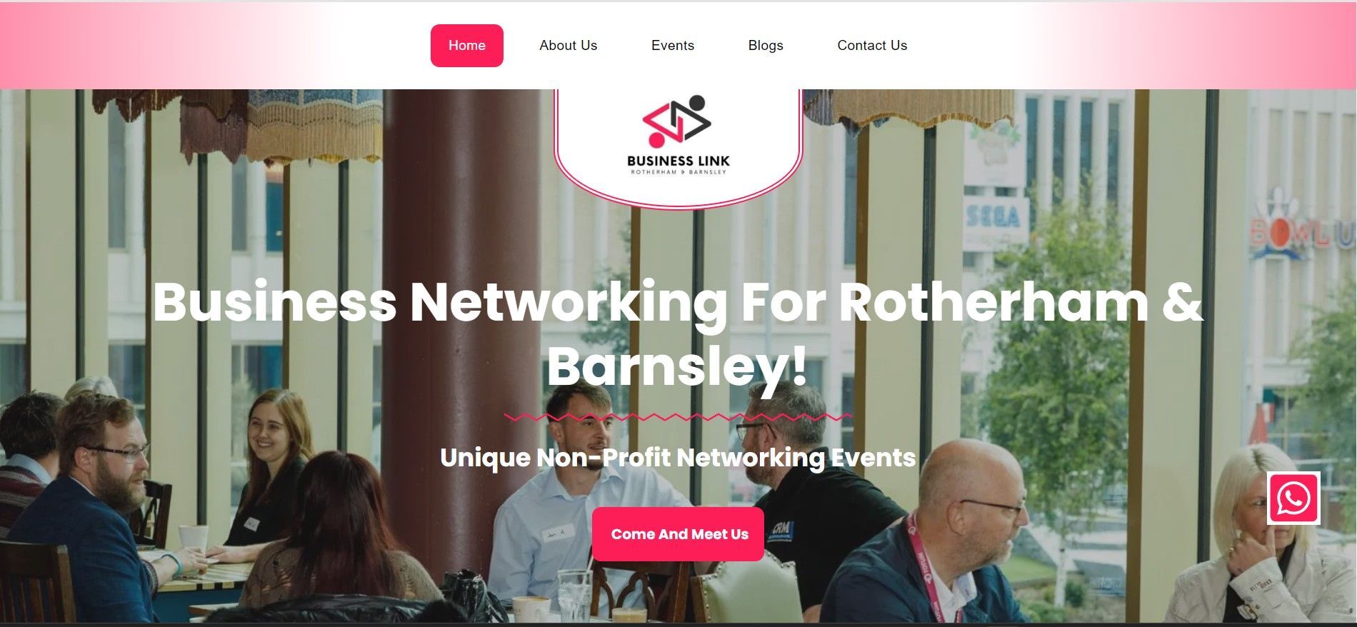 Business networking event website hero banner with people in a meeting room and a pink join button