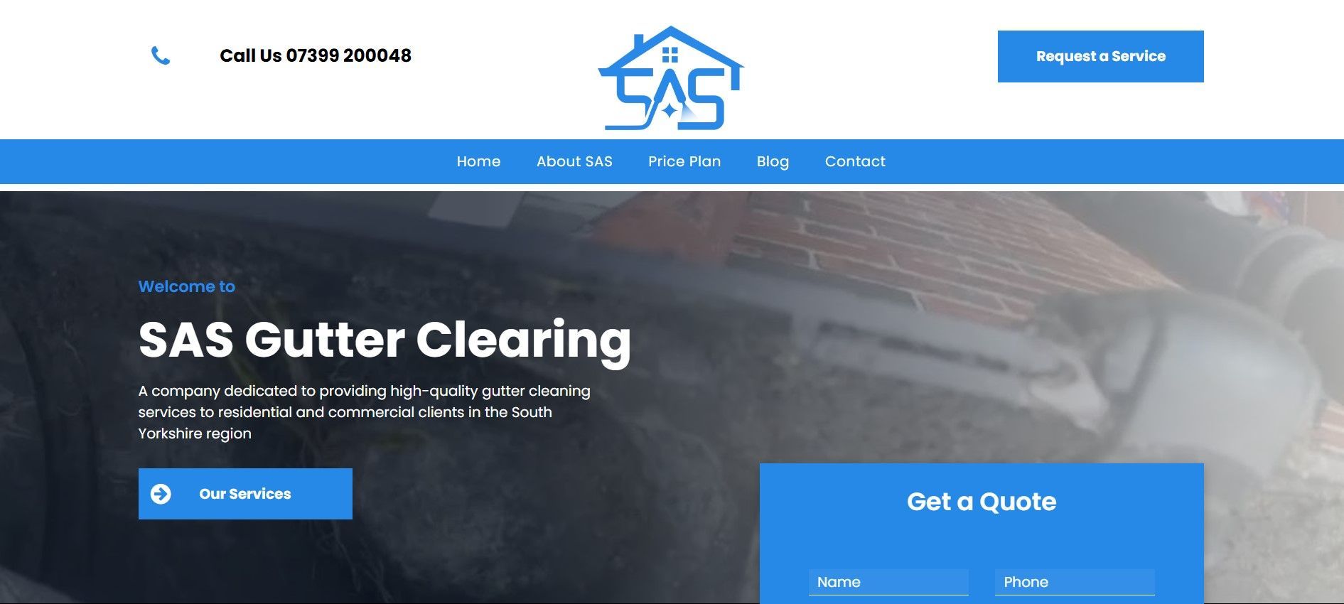 SAS Gutter Cleaning website homepage with blue header and hero banner over a house roof