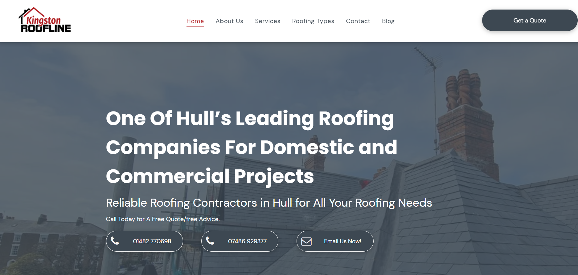 Roofing company homepage hero with house roof background and headline about domestic and commercial projects