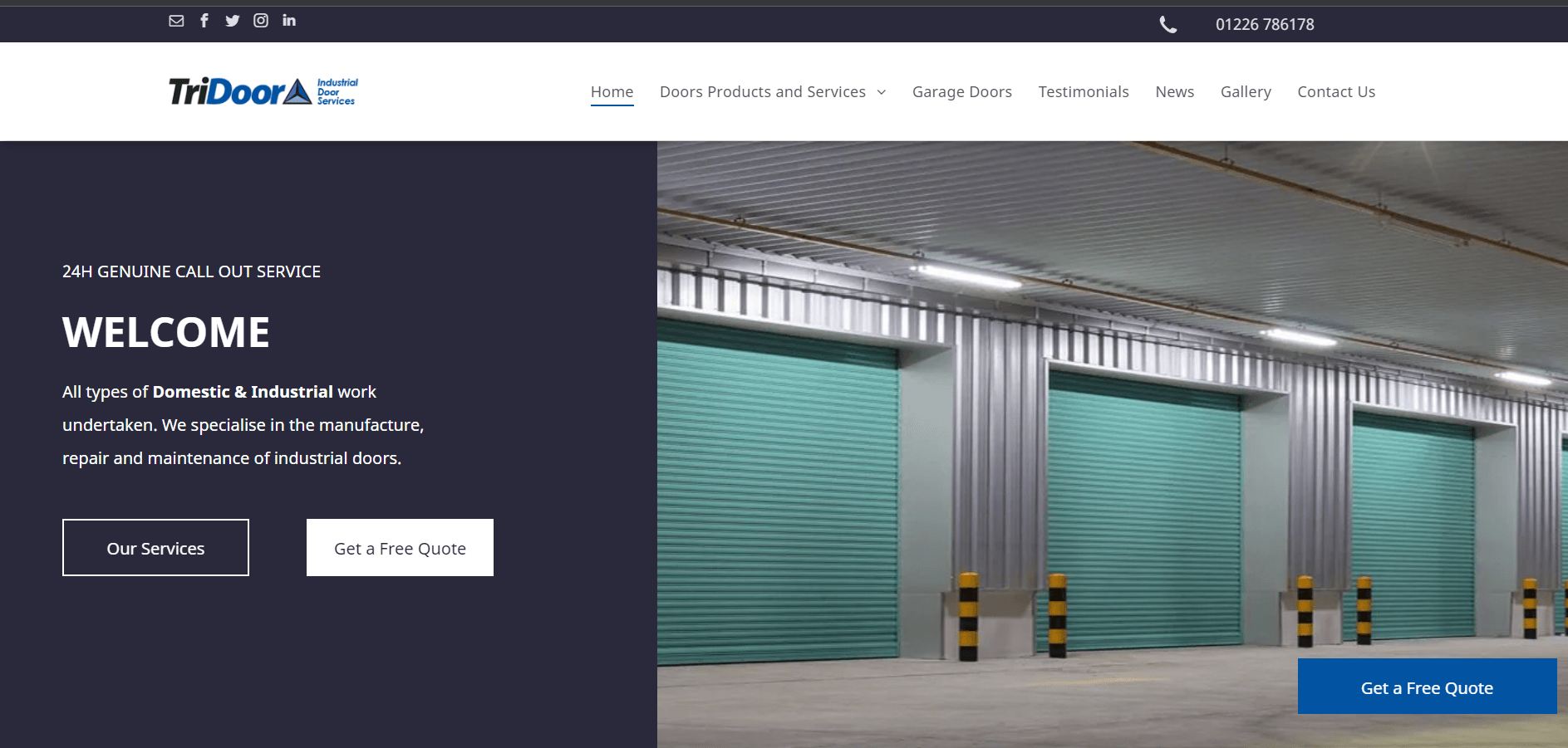 Warehouse loading dock with teal roll-up doors and a website header reading “WELCOME”
