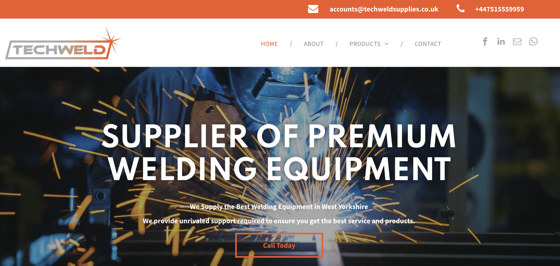 Techweld homepage banner with industrial welding sparks and the text “Supplier of Premium Welding Equipment”