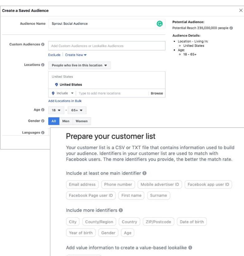 Meta ad audience setup screen with customer list fields for building a custom audience