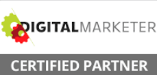DigitalMarketer Certified Partner badge with gray banner and gear logo in red and green