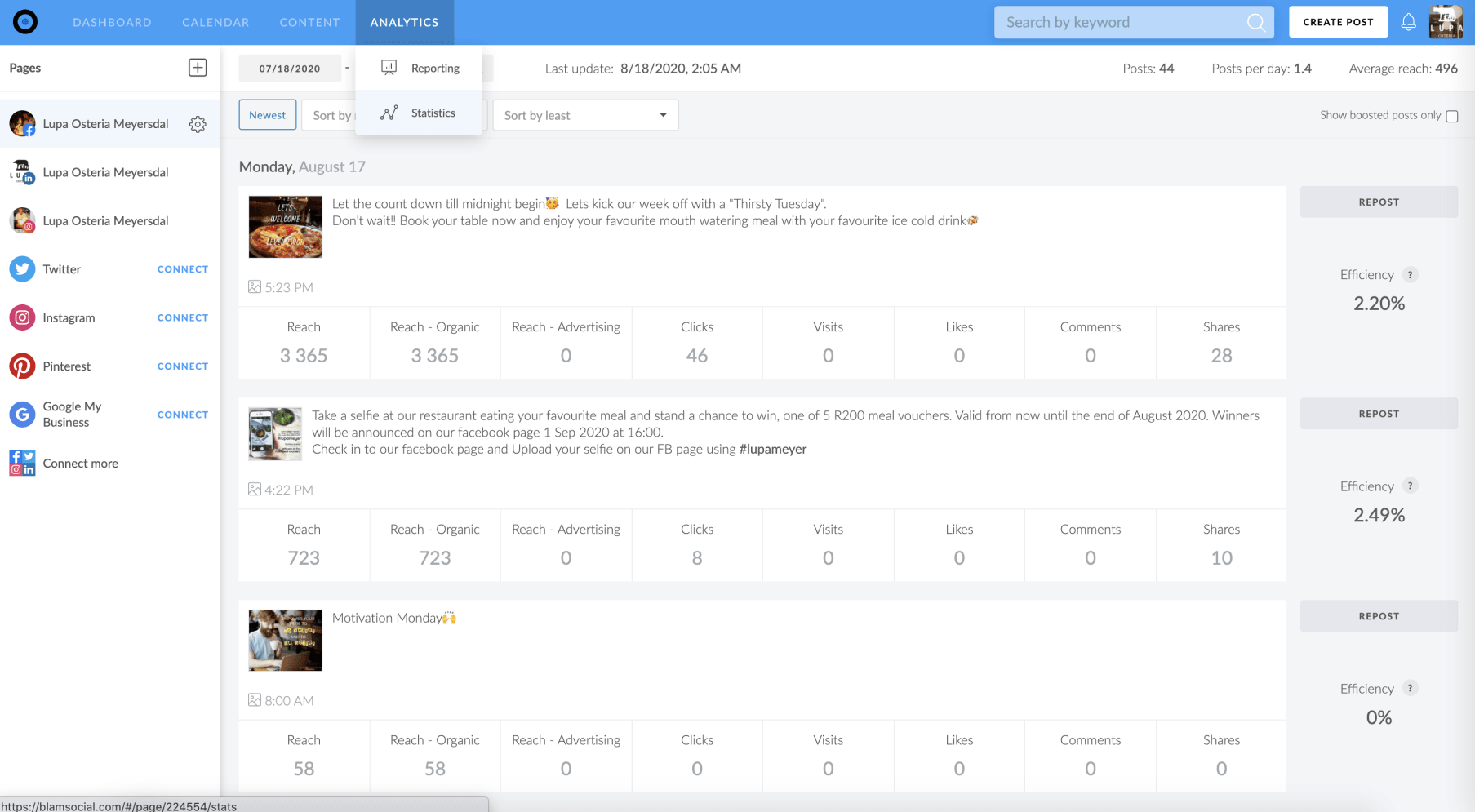 Web app dashboard with a left sidebar and a table of listed items, each with a thumbnail and stats.