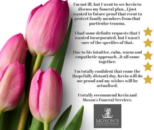 Pink tulips beside a memorial tribute about funeral plans and personal memorial services.