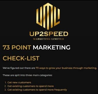 Black and gold Up2Speed Marketing poster listing a 73-point marketing checklist and growth tips