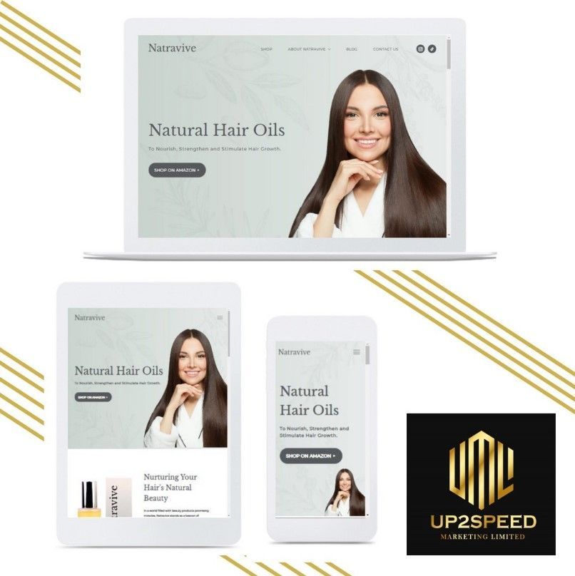 Natural Hair Oils website mockup on laptop, tablet, and phone with gold UP2SPEED logo on white background