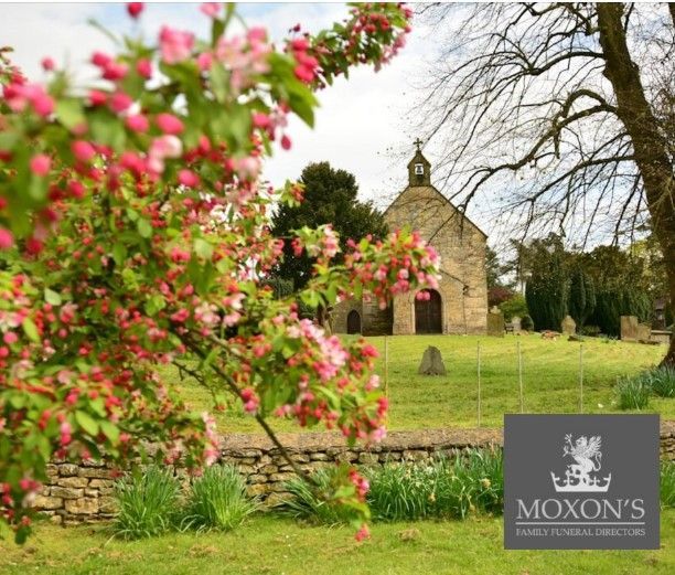 Blossoming pink tree in foreground with a small stone chapel and green field behind it