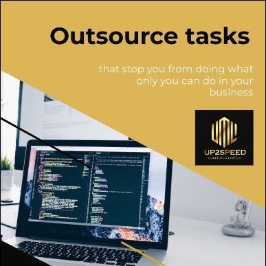 Promotional graphic with laptop code screen and headline “Outsource tasks” on a mustard background, UP2SPEED logo