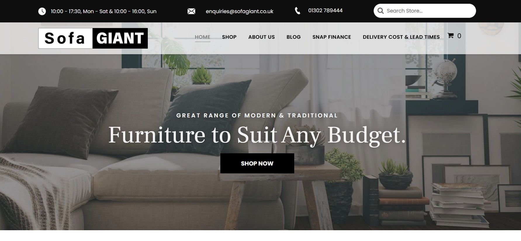 Sofa GIANT homepage featuring a living room sofa and the headline “Furniture to Suit Any Budget”