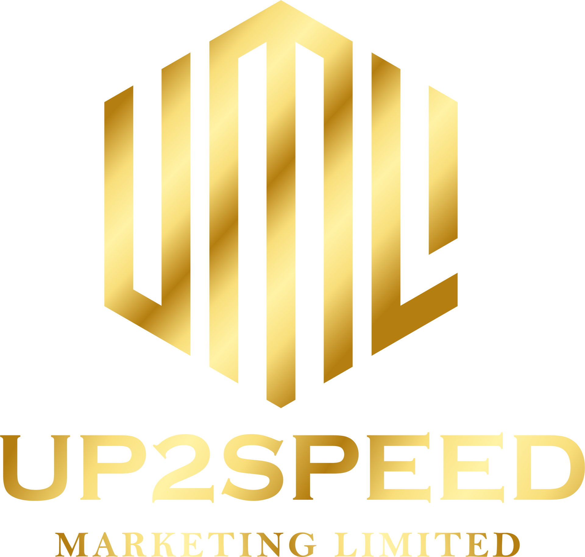 Gold UP2SPEED Marketing Limited logo with stylized monogram and text