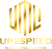 Gold UP2SPEED Marketing Limited logo with stylized monogram and text